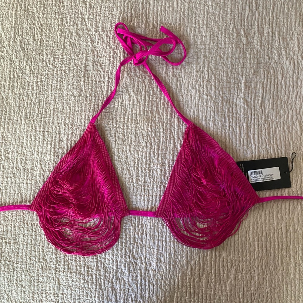 NWT Pretty Little Thing Hot Pink Draped Tassel Triangle Bikini Top